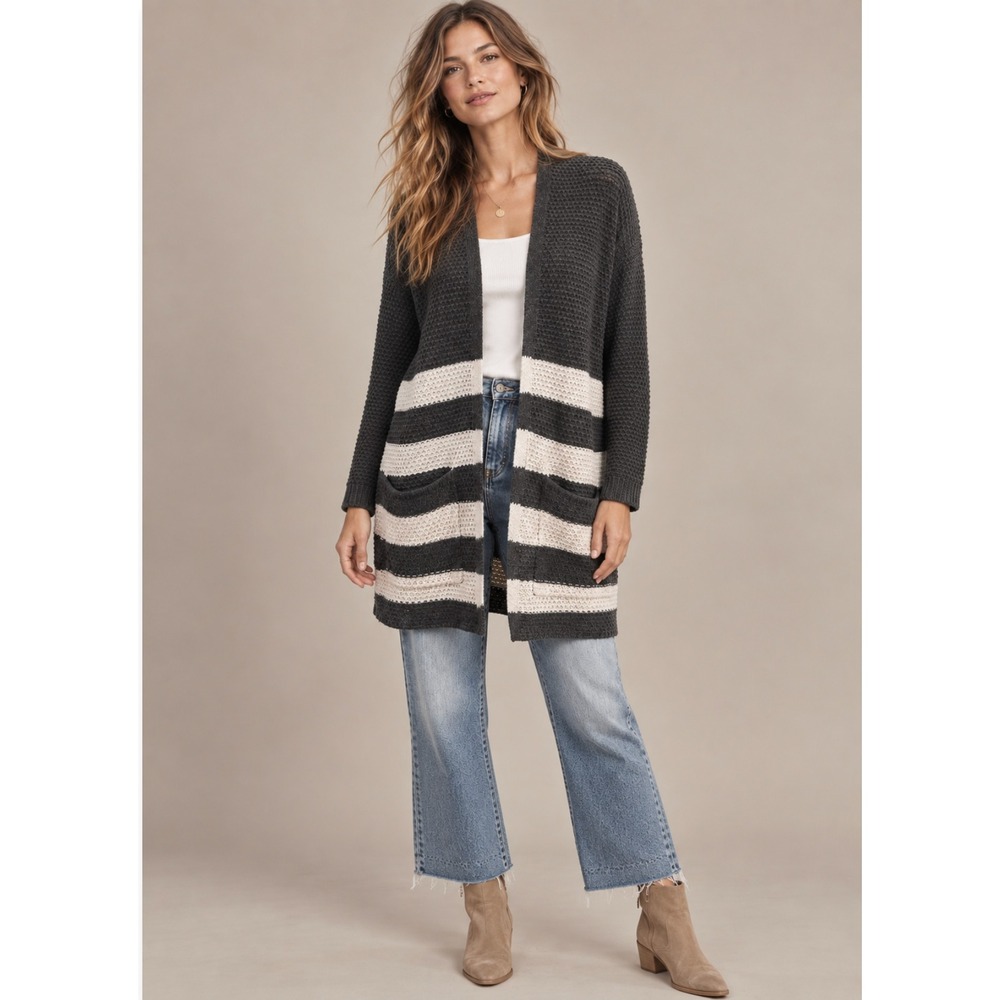 Forever 21 Cardigan L Grey White Striped Waffle Knit Open Front Pocket Sweater
